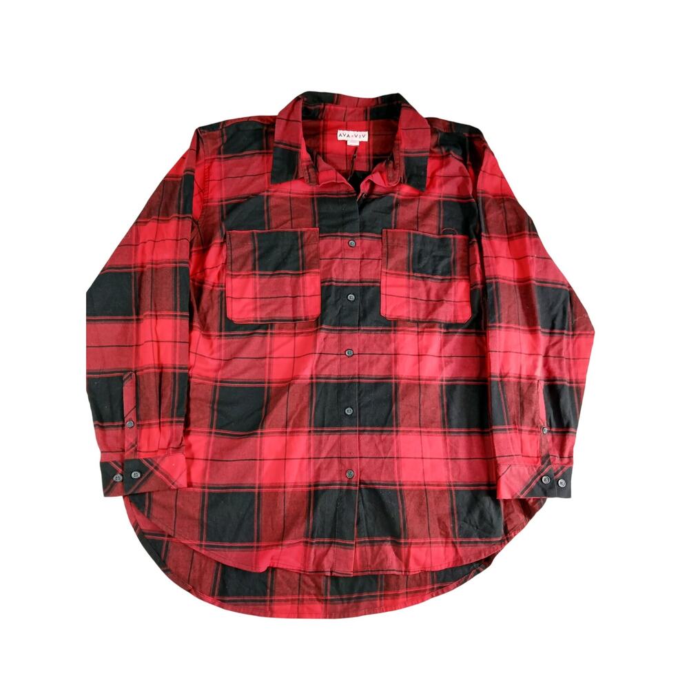 Ava & Viv Shirt Womens 1X Red Buffalo Check Plaid Button Down Plus Size NWT